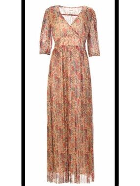 BA&SH Athena Maxi Dress in Red, Blue, with Gold Threads